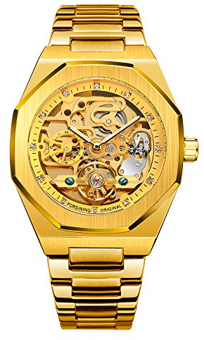 Armbanduhr Herren Analog Automatik Edelstahl Mechanische Skelett Männer Uhr Glas Rückseite, Gold