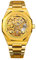 Armbanduhr Herren Analog Automatik Edelstahl Mechanische Skelett Männer Uhr Glas Rückseite, Gold
