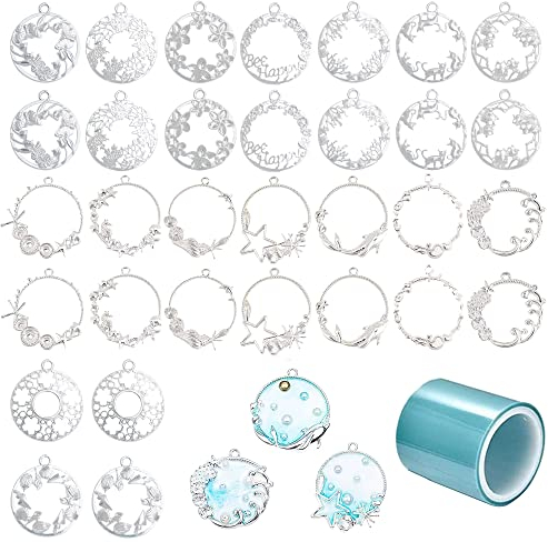 Allazone Lünette Rahmen Anhänger Charm, Offene Lünette Anhänger Gießform Schmuck, Anhänger Zubehör Tabletts and Kette für DIY Harz,gedrückt Blume Schmuck (5)