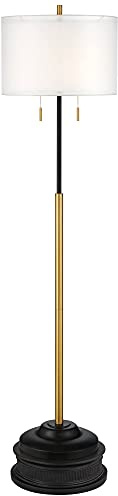 Possini Euro Design Roxie Modern Floor Standing Lamp with Riser 70 Tall Brass Black Metal Double Layer Linen and Sheer Drum Shade Decor for Living Room Reading House Bedroom Home