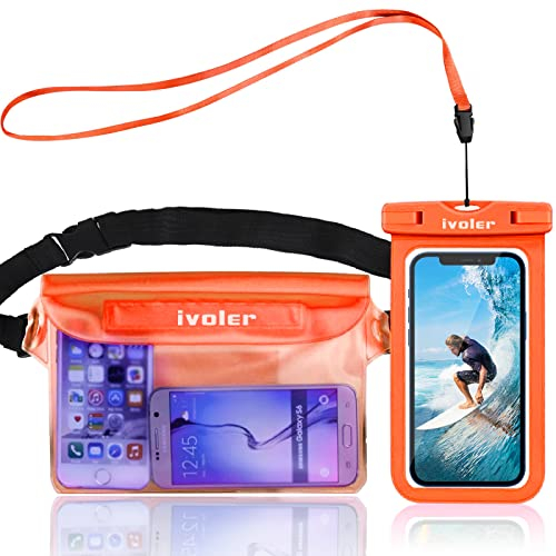 ivoler wasserdichte Tasche Beutel Bauchtasche Schutzhülle mit wasserdichte Handyhülle, Universal Strand-Tasche mit Handytasche Wasserdicht für Wassersport, Strand, Schwimmen, Bootfahren (Orange)