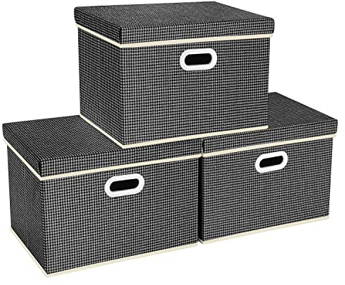 TYEERS Large Storage Box with Lid, Patterns, Collapsible, Washable, Fabric Storage Box for Clothes, Wardrobe Storage, 44x30x29 cm, Set of 3, Dark Grey