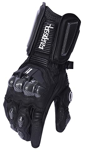 Harssidanzar Motorradhandschuhe aus Leder für Männer und Frauen,Touchscreen Powersports Carbon Fiber Knöchelschutz Motorradhandschuhe KM045,Schwarz,Größe XL