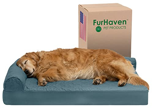 FurHaven Cooling Gel Dog Bed for Large Dogs w/Removable Bolsters & Washable Cover, For Dogs Up to 95 lbs - Pinsonic Quilted Paw L Shaped Chaise - Bluestone, Jumbo/XL