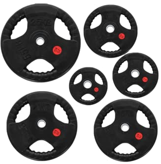 Strongway® Weight Plates Discs for Barbell Bar - 1 Inch (1) / 25mm Hole - Rubber Coated Cast Iron Weights – Tri Grip - Range of Weights and Sizes 2.5KG 5KG 10KG 15KG 20KG (15KG X 2)