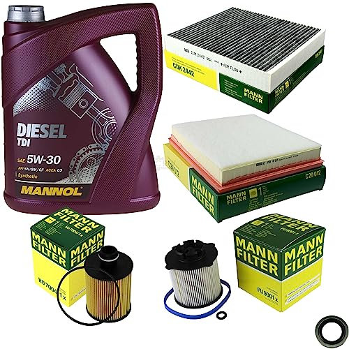 EISENFELS Filter Set Inspektionspaket erstellt mit 5 L Motoröl MANNOL Diesel TDI 5W-30, MANN-FILTER Ölfilter, Luftfilter, Innenraumfilter, Kraftstofffilter, Verschlussschraube