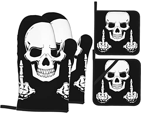 321 4 Stück Polyester Gotischer Totenkopf-Mittelfinger Kochhandschuhe Schwarz Lustig Ofenhandschuhe Hitzebeständige Topflappen-Set Für Die Küche, BBQ, Mikrowellenofen