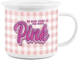 Pink Enamel Mug - Gingham No Such Thing As Too Much Pink Camping Novelty Durable Hot Drinks Outdoor Cup for Travel Picnics Home Hiking