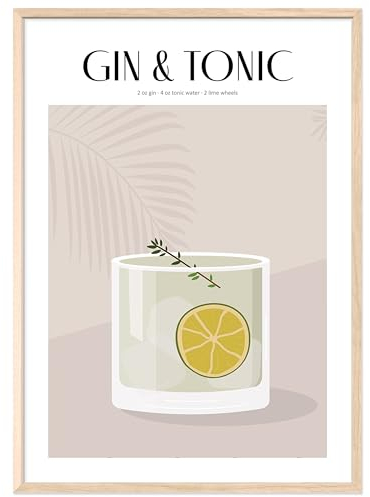 JUNOMI® Gin Tonic Poster 50x70 cm, Cocktail, Longdrink, Bar, Getränke, Cocktail Set | Mit Rahmen Natur