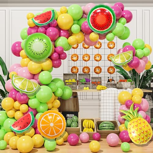 132Stück Tropische Luftballon Girlande Set Rosa Grün Gelb Latexballon Hawaii Frucht Themed Party Deko Ananas Wassermelone Kiwi Foil Ballon Kindergeburtstags Sommer Strand Pool Luau Party Supplies