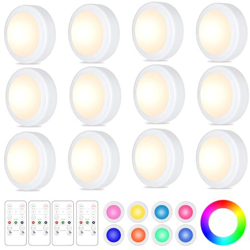 Yiliaw 12er-Pack LED Puck-Lichter mit Fernbedienung,16 Farbwechsel Unterbauleuchten,Batteriebetriebene Nachtlichter mit Dimmer & Timer für Schrank,Schlafzimmer und Küche,Weiß