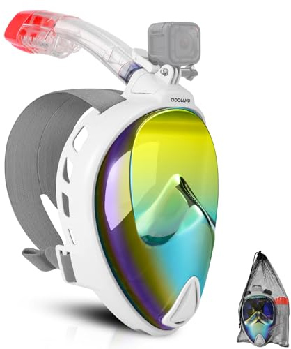 Odoland Snorkel Set, Snorkeling Packages with Dry Top Diving Mask, Adjustable Swim Fins, Mesh Bag, Anti-Fog Anti-Leak Snorkeling Gear for Men Women Adult White L