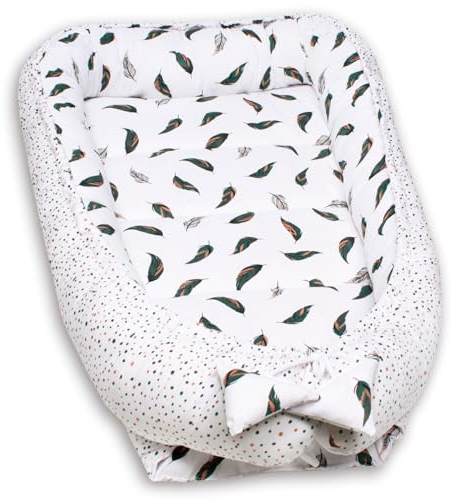 PaLulli 120x60 cm Babynest Babynestchen XXL Babykokon 2seitig 100% Baumwolle Kissen Nestchen für Babybett Reisebett für Baby und Säugling Feathers