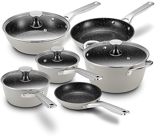 BEZIA Nonstick Pots and Pans Set, Induction Hob Pans Set, 10pcs Kitchen Cookware Cooking Set with Frying Pans, Suitable for All Stoves, Grey