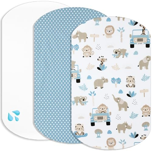Lovely Hippo 2X Spannbettlaken 100% Baumwolle + 1X Matratzenschoner 100% wasserdichtem Material - Set 3X - Kompatibel Chicco, Kinderkraft (Safari Blau, 60 x 80 cm)