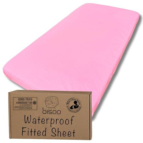 Bisoo Sábana Mágica minicama 70x160. Bajera de algodón Jersey Impermeable y Transpirable. Ahórrate Comprar Protector de Cama aparte. Bordes generosos para Ajuste fácil. (Rosa 160x70)