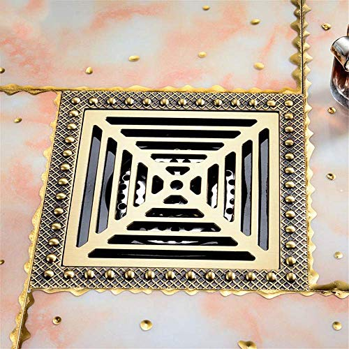 JWQPAD Desagüe de Ducha Cuadrado, 15 x 15 cm Desagüe de Piso de baño antiolor Cuadrado Rejilla de Ducha de Gran Flujo Desagüe de desagüe de Canal Escurridor de Agua Antiguo de latón Cuadrado,Oro U