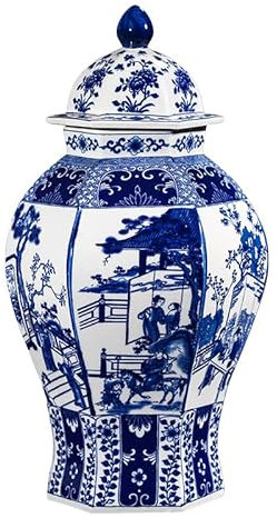 Jingdezhen - Vaso cinese in ceramica dipinta a mano, di grandi dimensioni, altezza 41 cm, vaso di zenzero in porcellana blu e bianco con coperchio per la decorazione domestica, 1 barattolo tempio con