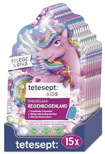 tetesept KIDS Sprudelbad Regenbogenland - 15 x 40 g - Sprudelndes Schaumbad mit fruchtigem Duft – Kinder Badespaß mit buntem Badeschaum und rosarotem Wasser