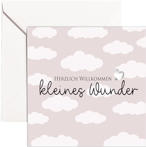 Karte zur Geburt Wolken kleines Wunder süße Geburtskarte Glückwunschkarte geschlechtsneutral für Junge und Mädchen taupe beige Glückwunschkarte zur Geburt mit Umschlag Klappkarte (Geburt Karte)