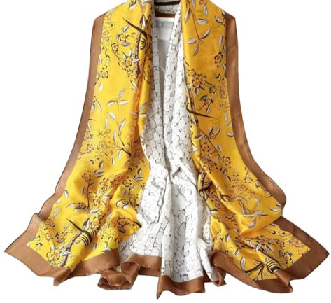 WEIGEER Silk Scarf Women Chiffon Shawl Stain Neckerchief Long Head Wrap Lightweight Scarf Ladies Hijab Belt Vintage Bridal Shawl Chiffon Scarf Muslim Cloth floral Christmas Scarf (Gelb stitching)
