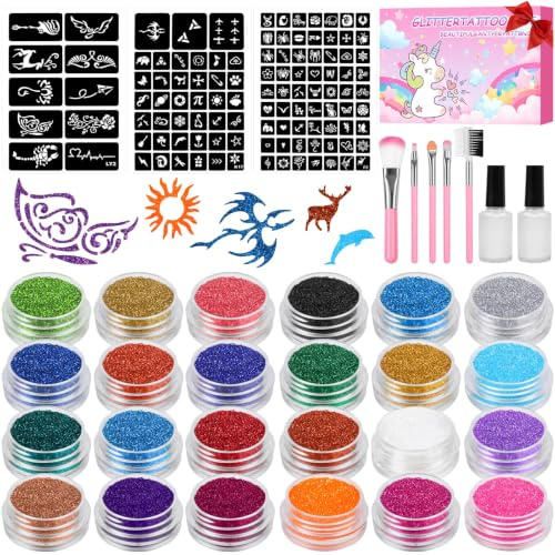 Glitzertattoos Set, Glitzer Tattoo Set Jungs Mädchen, 24 Farben 112 Schablonen Tattoo Glitzer Temporäre Glitzer Tattoo Kit Geschenk für Weihnachten Geburtstag Party