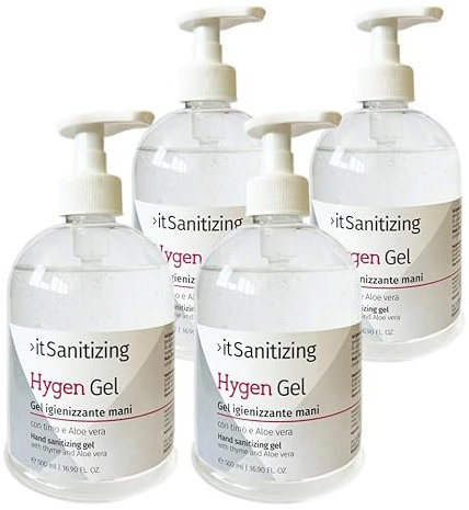 Hygen Gel, Igienizzante Mani, Alcool 75%, Con Aloe Vera e Timo, Senza Risciacquo, Profumato al Limone - 4 Flaconi da 500 ml - 2 litri