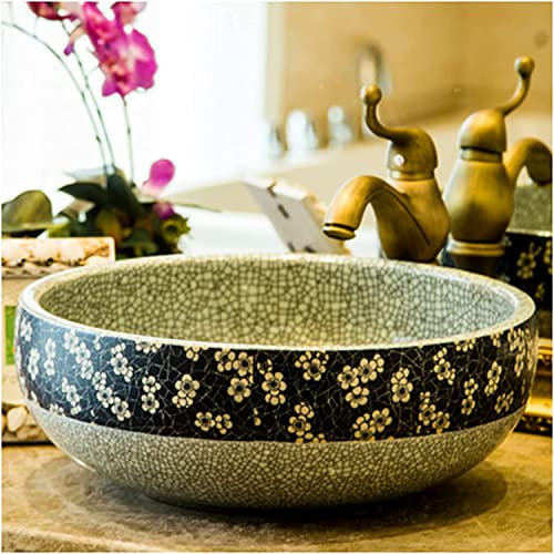 ASerZenith Ceramic Bathroom Sink Vessel Circular Ceramic Bathroom Wash Sink, Vintage Above Counter Porcelain Countertop Art Bowl Shape, Crack Carved Flower Design(B-41x15cm)