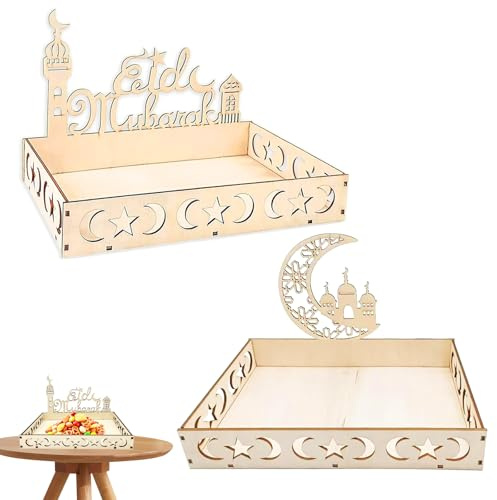 2 Stück Atuoxing Ramadan Teller, Eid Mubarak Platte, Holztablett, Atuoxing Ramadan Teller, Eid Mubarak Platte, Ramadan Deko Holz Tablett,Stilvolles Ramadan Tablett Exquisites Ramadan Tischdeko