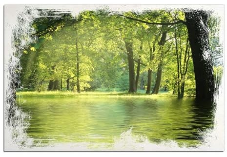 Wallario Wandbild aus Holz Idyllischer See im Wald bei Sonnenschein - 60 x 90 cm in Premium-Qualität: Brillante Farben