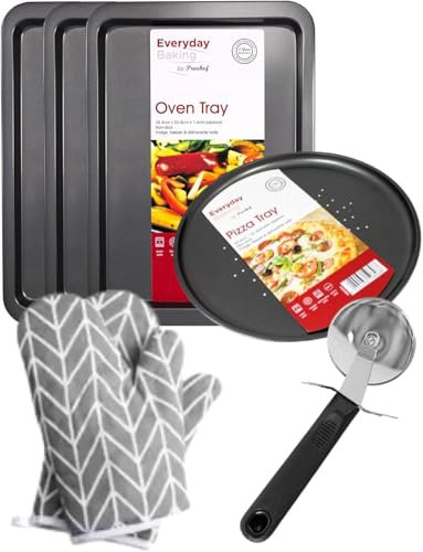 Pro Chef Baking Tray Set of 3, Non Stick Pizza Tray, Oven Gloves & Pizza Cutter Bundle | Trays Suitable for Oven Baking | Medium Oven Trays & 32cm / 12.5 Pizza Tray
