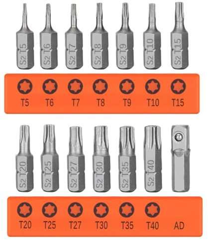 Saipor - Juego de 14 puntas de destornillador Torx T5 – T40 magnéticas de 1/4 hexagonal con punta S2 de acero estrella, cabeza de seguridad, Tamper Proof Torx Inviolable Destornillador Puntas