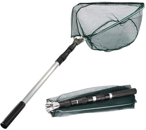 Kescher Angeln, 130CM Teleskop Kescher Angelrute mit Langem Griff, Faltbare Gummierter Angelkescher, Angel Kescher Teich Karpfenkescher für Erwachsene und Kinder