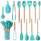 14-Piece Silicone Cooking Utensils Set - Heat Resistant up to 446°F, Turner, Tongs, Spatula, Spoon, Brush, Whisk, Wooden Handles Kitchen Gadgets and Tools for Nonstick Cookware (Green)