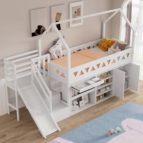 Miyemo Bunk Bed for Kids, Single Bed Frame with Storage & Magnetic Door, Solid Wood Cabin Bed Frame with Slide & Stairs, Children's Bed, White, 90 * 200cm, (No Mattress)