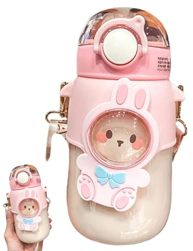 NASSMOSSE Gourde Kawaii, 500 ML, pour Fille, avec Paille en Silicone et Sangle réglable, Autocollants 3D et écussons Animaux pour l'école Le Sport.