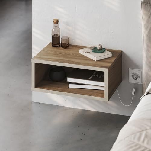 HOCUS PICUS Wall Mounted Nightstand (WxDxH), Whiskey Oak - Sandstone | 2-Tier Floating Bedside Shelf with Hidden LED Strip, Wall Mounted Bedside Storage, Easy Assembly, 45x30x18cm