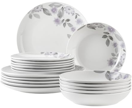 MÄSER 934136 Serie Sono, Set di piatti per 6 persone, 18 pezzi, con piattino, fondo e dessert, stampa floreale, porcellana bianca