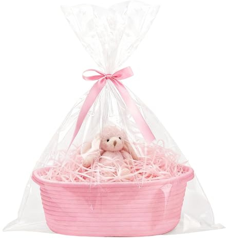 Gift Hamper Basket Kit, Small Pink Woven Basket with Gift Bags and Ribbons, Empty Woven Rope DIY Hamper Box for Brial Shower Birthday Wedding Christmas(Pink, 30 x 20 x 12cm)