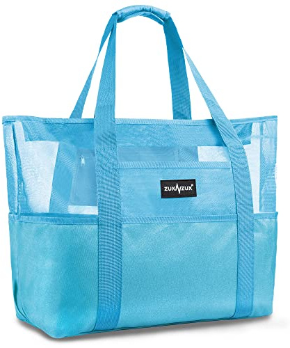 ZUXNZUX Sac de Plage Grand en Maille avec Fermeture Éclair, Fourre-Tout de Plage Anti-Sable Pliable Main Sac, Piscine Voyage L'été Vacances Vêtements Jouets Gym