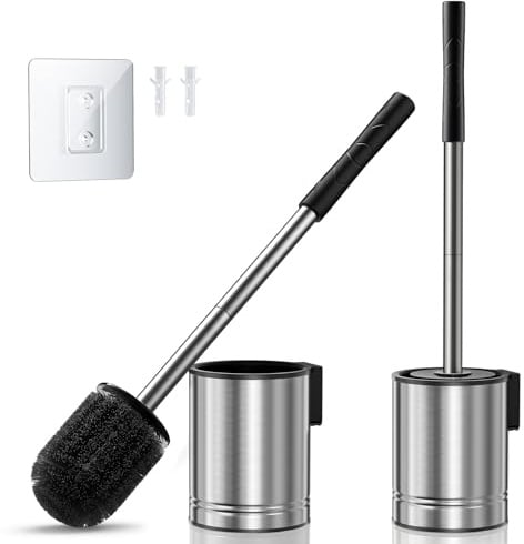 HAMITOR Toilet Brush and Holder Set: Silver Stainless Steel Wall-Mounted Toilet Cleaner Brush for Compact Bathroom – Durable and Space-Saving Loo Brushes for Small Homeowners & Renters, 2 Pack