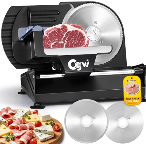 CGOLDENWALL Electric Meat Slicer 220W, 0-20mm Adjustable Thickness, Food Slicer for Meat, Cheese, Bread, Vegetables, with 2 Removable 19cm Stainless Steel Blades, Food Pusher for Home Use(Black)