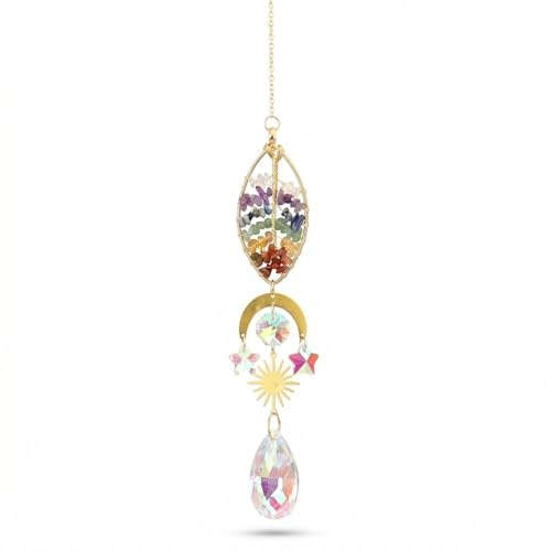 Crystal Suncatcher Tree of Life Hanging Crystal Prism Colors Beads Pendant Window Decor Sun Catcher Rainbow for Garden Decoration Healing Crystal Stone Spiritual Gifts for Women (Leaf)