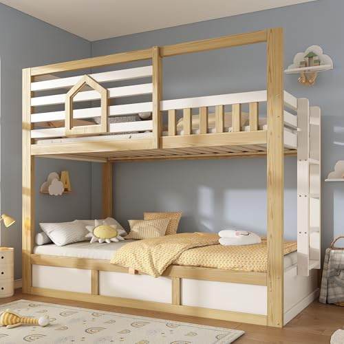 SUKY Letto a castello per bambini, 90 x 200 cm, 2 superfici di appoggio, stile cotta, bianco/legno naturale con finestra, ringhiera di sicurezza, scala dritta, spazio idraulico per 2 bambini
