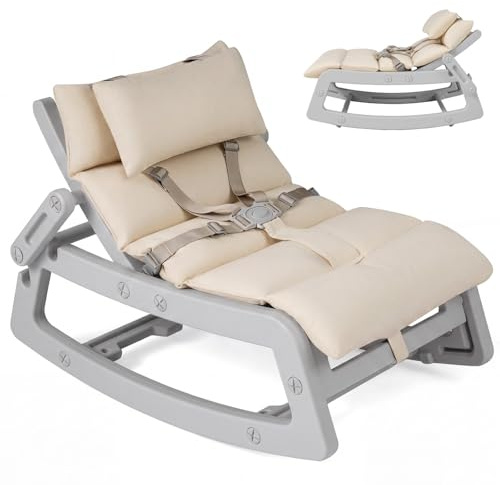 GYMAX Kids Rocking Chair, Children Recliner with Adjustable Backrest, Safety Harness and Removable Washable Cushion, Outdoor Indoor Toddler Chair for 6+ Months Old Boys Girls (Grey+Beige)
