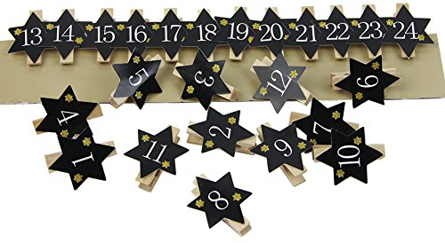SUNBEAUTY Adventskalenderzahlen Holz Klammern 2025 mit 1 bis 24 Nummer Klammern aus Holz Motiv Schwarze Sterne Holzklammern Adventskalender Partydeko (Schwarz & Gold)