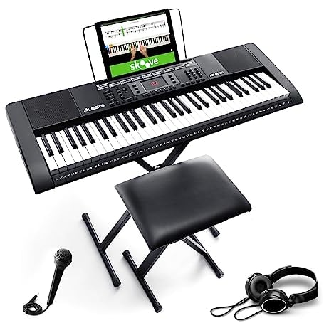 Alesis Melody 61 - Teclado de piano electrico para principiantes con altavoces, soporte, banqueta, auriculares, micrófono, atril, 300 sonidos y lecciones de música