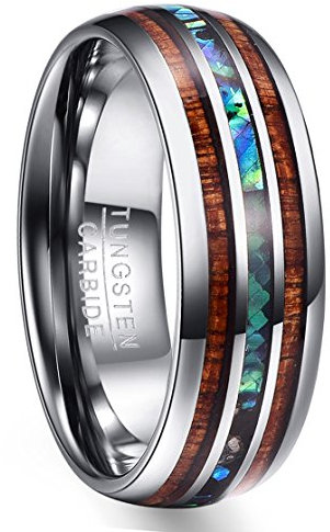 NUNCAD 8mm Bague en Bois Homme/Femme Argenté en Tungstène avec Coquille D'ormeau, Anneau Poli pour Mariage Fiançailles Souvenir Taille 57(18.1)