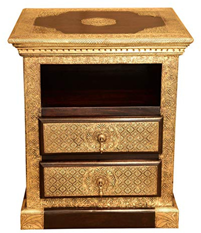 Casa Moro Orientalische Kommode Yana 45x45x64 cm (B/T/H) aus Sheeshamholz mit Messing verziert Kunsthandwerk edel Nachttisch in braun Gold | MA69-65-A