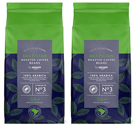 by Amazon Caffè in Grani Brasiliano, Tostatura Media, 1kg (2 Confezioni da 500g) - Certificato Rainforest Alliance